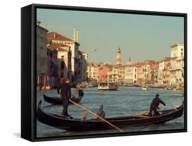 Gondoliers with Passengers in Venetian Canals, Venice, Italy-Janis Miglavs-Framed Stretched Canvas