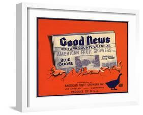 Good News Brand - Los Angeles, California - Citrus Crate Label-Lantern Press-Framed Art Print