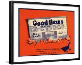 Good News Brand - Los Angeles, California - Citrus Crate Label-Lantern Press-Framed Art Print