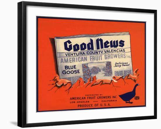 Good News Brand - Los Angeles, California - Citrus Crate Label-Lantern Press-Framed Art Print