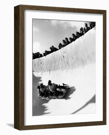 Good of Cresta Run, Bobsled Run, Coasting around Sunny Bend as People Peer from Above the Track-Alfred Eisenstaedt-Framed Photographic Print