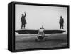 Goodyear Aircraft Engineers Standing on Wings of Rubber Airplane, Can Fly 60 MPH with 200 yd Runway-Grey Villet-Framed Stretched Canvas