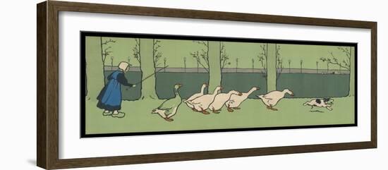 Goose Girl Wearing Clogs and Six Geese Led by a Dog in an Autumn Landscape-Cecil Aldin-Framed Photographic Print