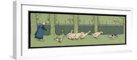 Goose Girl Wearing Clogs and Six Geese Led by a Dog in an Autumn Landscape-Cecil Aldin-Framed Photographic Print