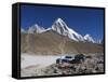 Gorak Shep Lodges, Kala Pattar and Pumori, 7165M, Sagarmatha National Park, Himalayas-Christian Kober-Framed Stretched Canvas