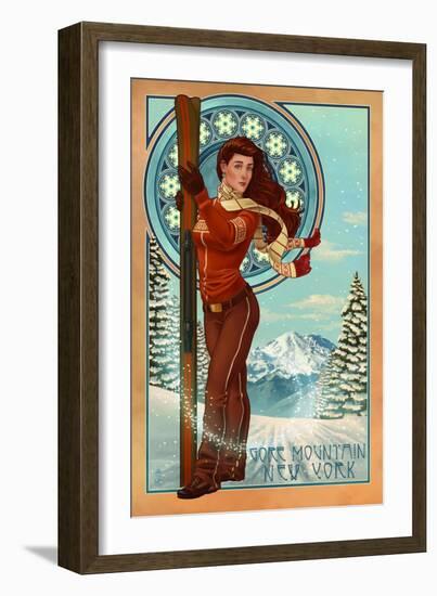 Gore Mountain, New York - Art Nouveau Skier-Lantern Press-Framed Art Print