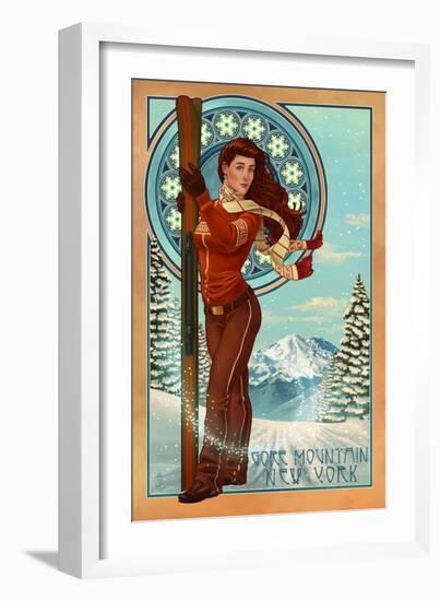 Gore Mountain, New York - Art Nouveau Skier-Lantern Press-Framed Art Print