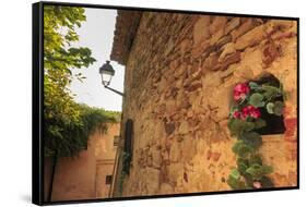 Gorgeous medieval village, geranium with pink flowers in old stone wall, Peratallada, Baix Emporda,-Eleanor Scriven-Framed Stretched Canvas