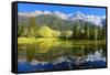 Gorgeous Reflection in the Smooth Water of the Lake in the Park.  Snowy Mountains and Evergreen For-kavram-Framed Stretched Canvas