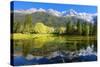 Gorgeous Reflection in the Smooth Water of the Lake in the Park.  Snowy Mountains and Evergreen For-kavram-Stretched Canvas