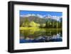Gorgeous Reflection in the Smooth Water of the Lake in the Park.  Snowy Mountains and Evergreen For-kavram-Framed Photographic Print
