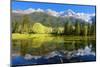 Gorgeous Reflection in the Smooth Water of the Lake in the Park.  Snowy Mountains and Evergreen For-kavram-Mounted Photographic Print