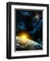 Gorgeous Space Panorama With The Earth, The Sun And Some Nebulas. Digital Illustration-Thufir-Framed Art Print