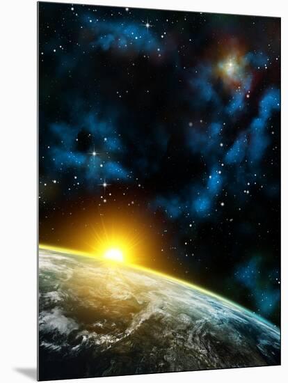 Gorgeous Space Panorama With The Earth, The Sun And Some Nebulas. Digital Illustration-Thufir-Mounted Art Print