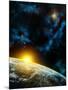 Gorgeous Space Panorama With The Earth, The Sun And Some Nebulas. Digital Illustration-Thufir-Mounted Art Print