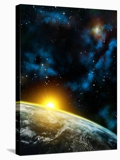 Gorgeous Space Panorama With The Earth, The Sun And Some Nebulas. Digital Illustration-Thufir-Stretched Canvas