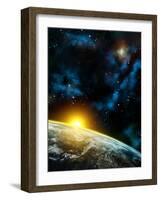 Gorgeous Space Panorama With The Earth, The Sun And Some Nebulas. Digital Illustration-Thufir-Framed Art Print