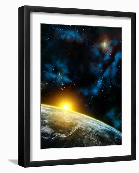 Gorgeous Space Panorama With The Earth, The Sun And Some Nebulas. Digital Illustration-Thufir-Framed Art Print