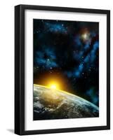 Gorgeous Space Panorama With The Earth, The Sun And Some Nebulas. Digital Illustration-Thufir-Framed Art Print