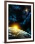 Gorgeous Space Panorama With The Earth, The Sun And Some Nebulas. Digital Illustration-Thufir-Framed Art Print