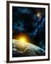 Gorgeous Space Panorama With The Earth, The Sun And Some Nebulas. Digital Illustration-Thufir-Framed Art Print