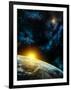 Gorgeous Space Panorama With The Earth, The Sun And Some Nebulas. Digital Illustration-Thufir-Framed Art Print