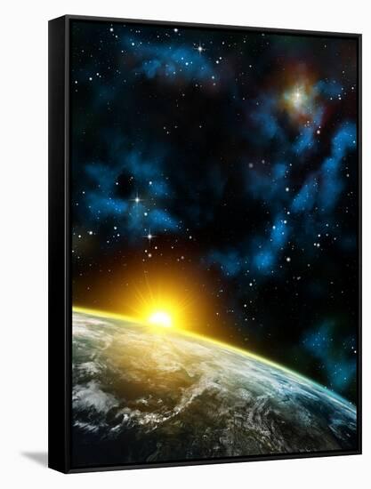 Gorgeous Space Panorama With The Earth, The Sun And Some Nebulas. Digital Illustration-Thufir-Framed Stretched Canvas