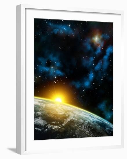 Gorgeous Space Panorama With The Earth, The Sun And Some Nebulas. Digital Illustration-Thufir-Framed Art Print