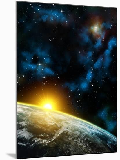 Gorgeous Space Panorama With The Earth, The Sun And Some Nebulas. Digital Illustration-Thufir-Mounted Art Print