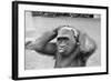 Gorilla Smashing Soccer Ball on Head-null-Framed Photographic Print