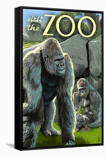 Gorillas in Forest - Visit the Zoo-Lantern Press-Framed Stretched Canvas