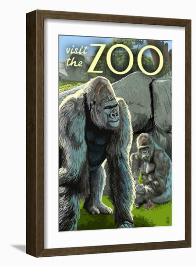 Gorillas in Forest - Visit the Zoo-Lantern Press-Framed Art Print