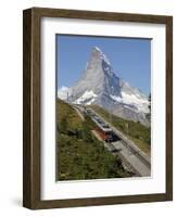 Gornergrat Railway in Front of the Matterhorn, Riffelberg, Zermatt, Valais, Swiss Alps, Switzerland-Hans Peter Merten-Framed Photographic Print