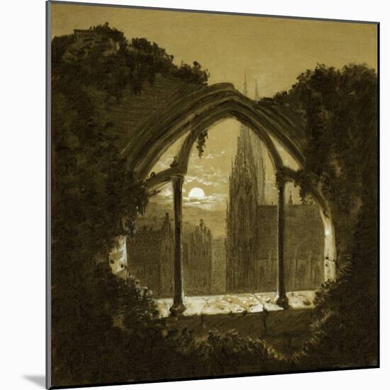 Gothic cathedral seen through ruins of a castle. Black chalk, white wash (around 1852).-Carl Gustav Carus-Mounted Giclee Print