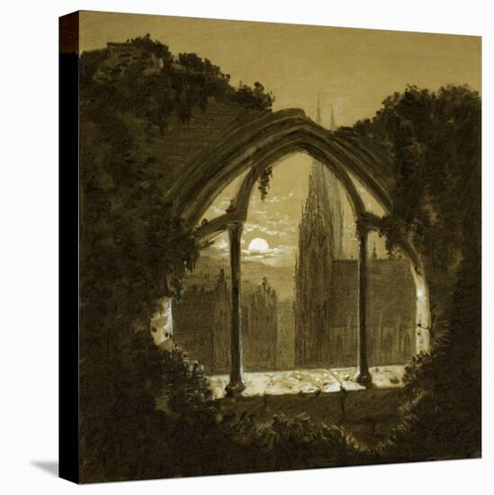 Gothic cathedral seen through ruins of a castle. Black chalk, white wash (around 1852).-Carl Gustav Carus-Stretched Canvas