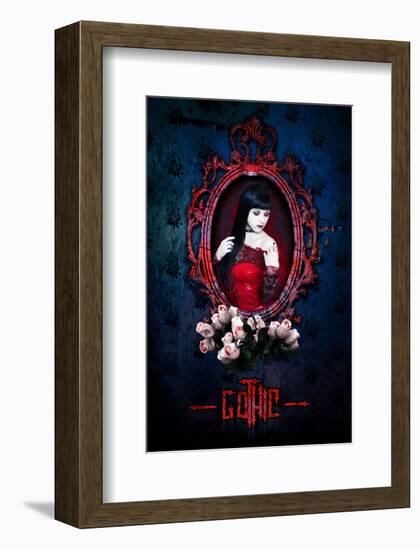 Gothic Girl in Red with roses-null-Framed Art Print