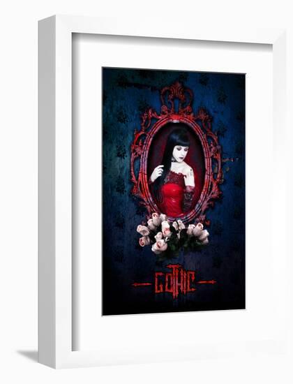 Gothic Girl in Red with roses-null-Framed Art Print