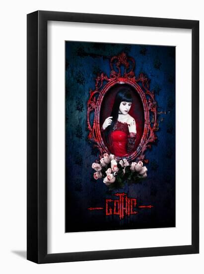 Gothic Girl in Red with roses-null-Framed Art Print