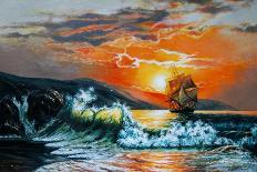 Sunset at the Sea. A Sailboat with Waves. Oil Painting-Gouache7-Framed Art Print