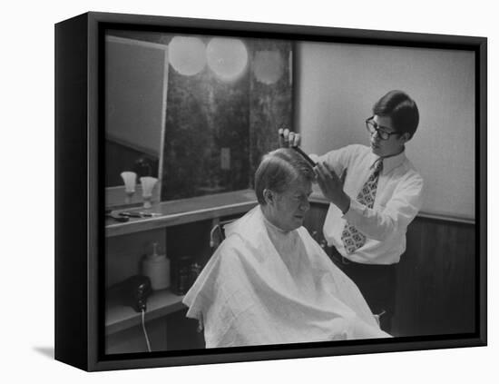 Gov. Jimmy Carte Receiving a Hair Cut-Stan Wayman-Framed Stretched Canvas