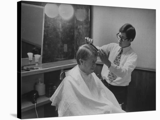 Gov. Jimmy Carte Receiving a Hair Cut-Stan Wayman-Stretched Canvas