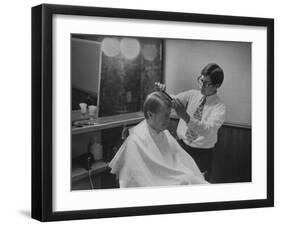 Gov. Jimmy Carte Receiving a Hair Cut-Stan Wayman-Framed Photographic Print