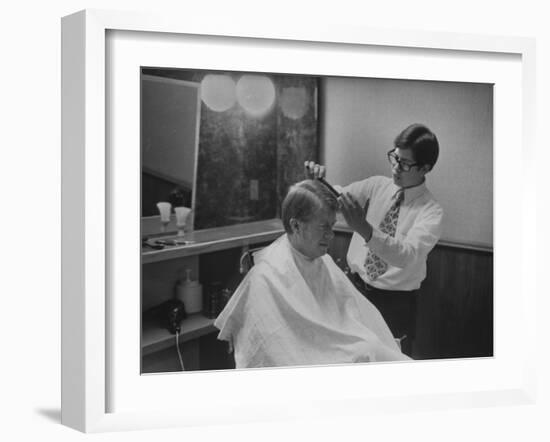 Gov. Jimmy Carte Receiving a Hair Cut-Stan Wayman-Framed Photographic Print