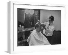 Gov. Jimmy Carte Receiving a Hair Cut-Stan Wayman-Framed Photographic Print