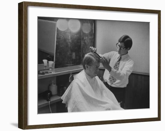 Gov. Jimmy Carte Receiving a Hair Cut-Stan Wayman-Framed Photographic Print