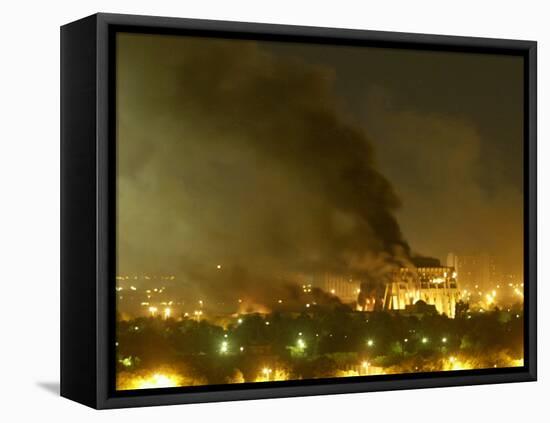 Government Building Burns During Heavy Bombardment of Baghdad, Iraq by U.S.-Led Forces-null-Framed Stretched Canvas