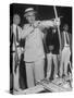 Governor Lewis O. Barrow Mixing Archery and Politics While Campaigning for Reelection-null-Stretched Canvas
