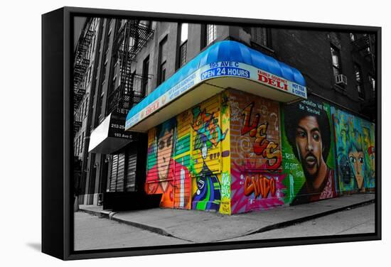 Graffiti on storefronts in NYC-null-Framed Stretched Canvas