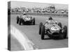 Graham Hill Leads in his Lotus 16 from Jack Brabham in Cooper T45, 1958 British Grand Prix-null-Stretched Canvas