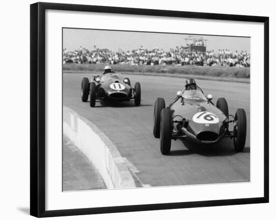 Graham Hill Leads in his Lotus 16 from Jack Brabham in Cooper T45, 1958 British Grand Prix-null-Framed Photographic Print